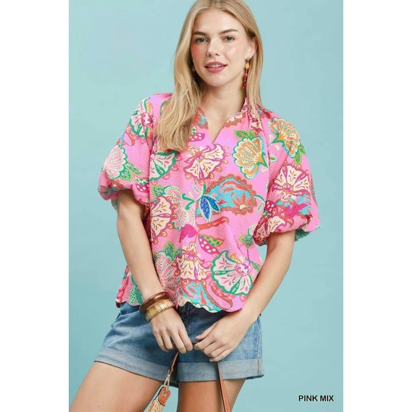 Umgee Tops - Umgee Mix Floral Print Scallop Hem Blouse - Pink mix - medium